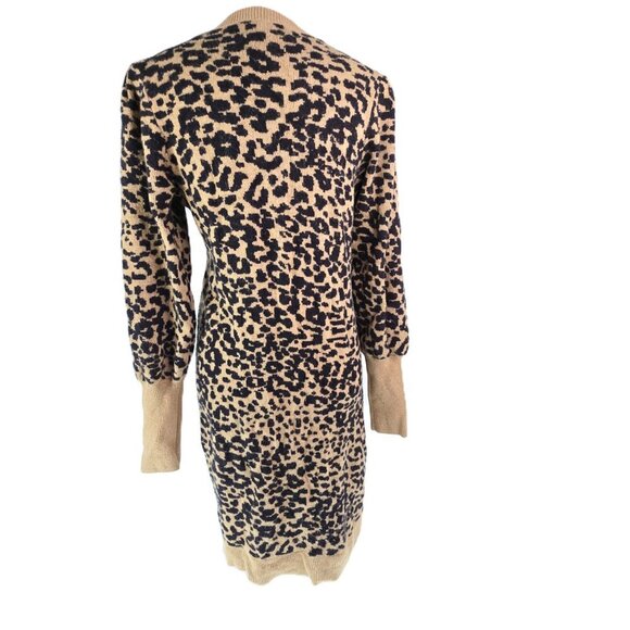 LOFT Black Brown Cheetah Print Crew Neck Wool Blend Fuzzy Sweater Dress - Picture 6 of 8